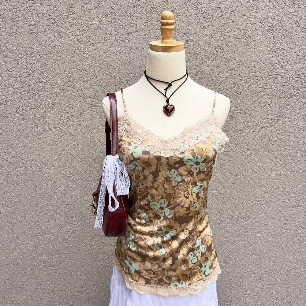 Y2K The Limited Brown Lace Trim Cami Top Size Medium Boho Festival